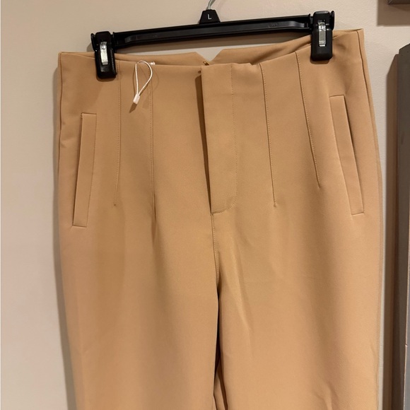 Elegant Lace Cream Blouse & Camel Tailored Pants Outfit Set - Picture 3 of 3